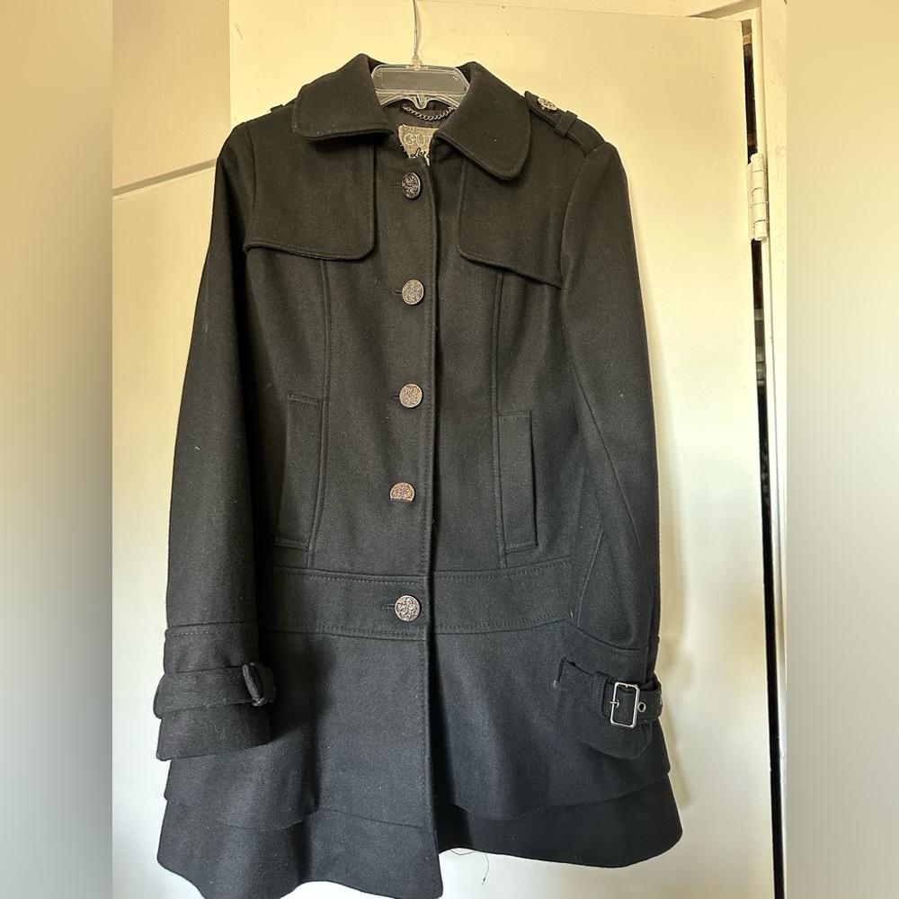 Vintage Guess coat black with buttons and belt on the sleeves.